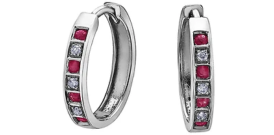 10K White Gold 0.16cttw Genuine Ruby & 0.03cttw Diamond Hoop Huggie Hinged Earrings