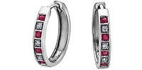 10K White Gold 0.16cttw Genuine Ruby & 0.03cttw Diamond Hoop Huggie Hinged Earrings