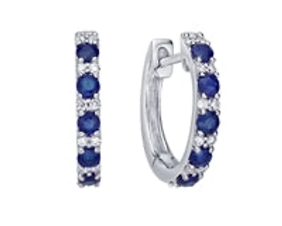 10K White Gold 0.70cttw Genuine Sapphire and 0.15cttw Diamond Hoop / Huggie Earrings