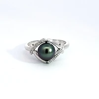 14K White Gold Tahitian Pearl and Diamond Ring - Size 6
