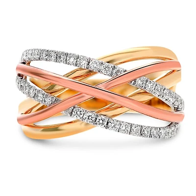 14K Tri-Tone Yellow, White and Rose Gold 0.37cttw Diamond Overlapping Ring - Size 6.5