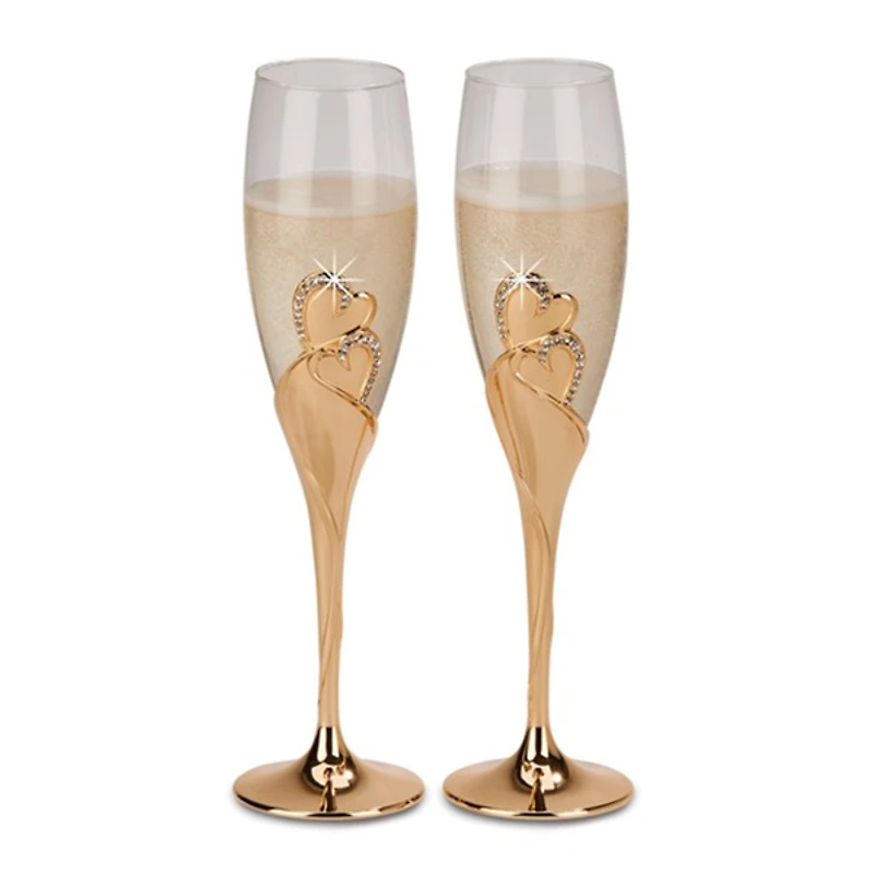 2 Pieces Champagne Flutes Gold Tone Everlasting Heart Design