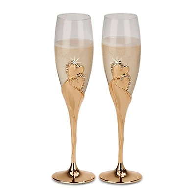 2 Pieces Champagne Flutes Gold Tone Everlasting Heart Design