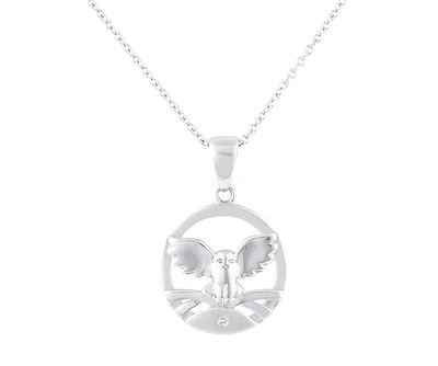 925 Sterling Silver 0.015cttw Canadian Diamond Great Snowy Owl Pendant