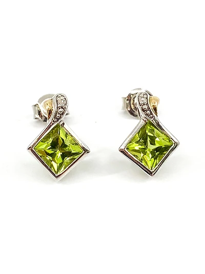 10K White & Yellow Gold 1.80cttw Genuine Peridot and 0.01cttw Diamond Earrings