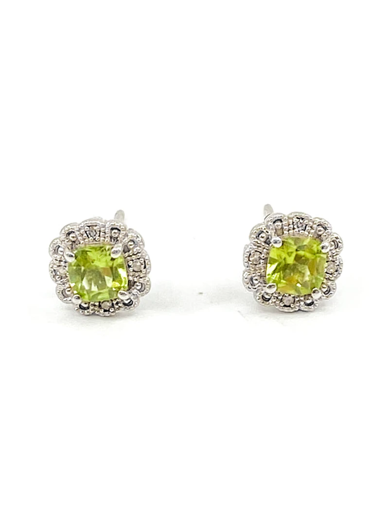10K White Gold 1.00cttw Genuine Peridot and 0.03cttw Diamond Halo Earrings