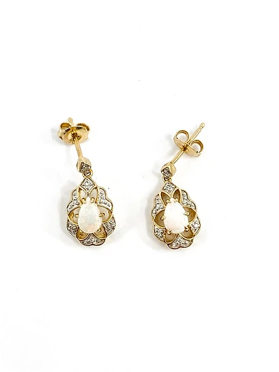 10K Yellow Gold 0.50cttw Genuine Opal and 0.06cttw Diamond Earrings