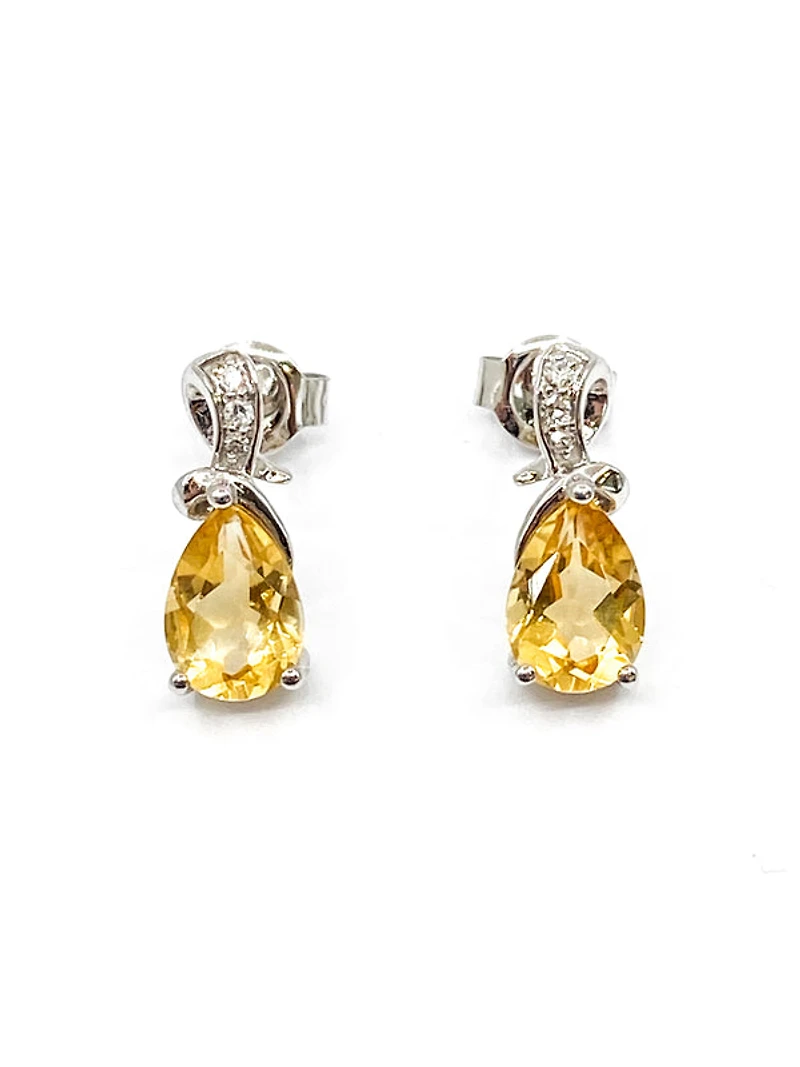 10K White Gold 1.25cttw Genuine Citrine & 0.032cttw Diamond Earrings