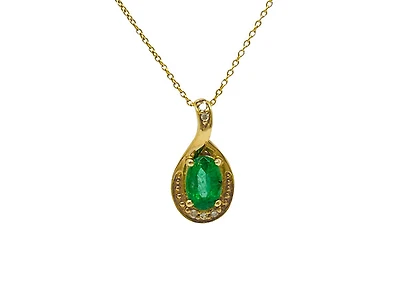 10K Yellow Gold 6x4mm Emerald and 0.03cttw Diamond Pendant, 18"