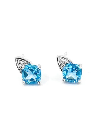 10K White Gold 1.50cttw Genuine Blue Topaz & 0.023cttw Diamond Earrings