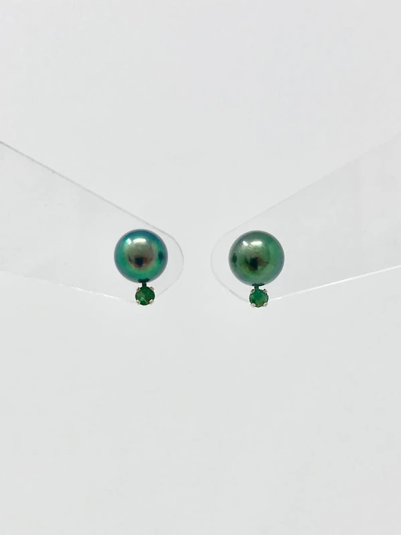Cultured Black Pearl with Emerald Earrings