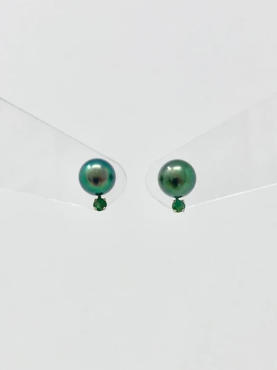 Cultured Black Pearl with Emerald Earrings