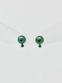 Cultured Black Pearl with Emerald Earrings
