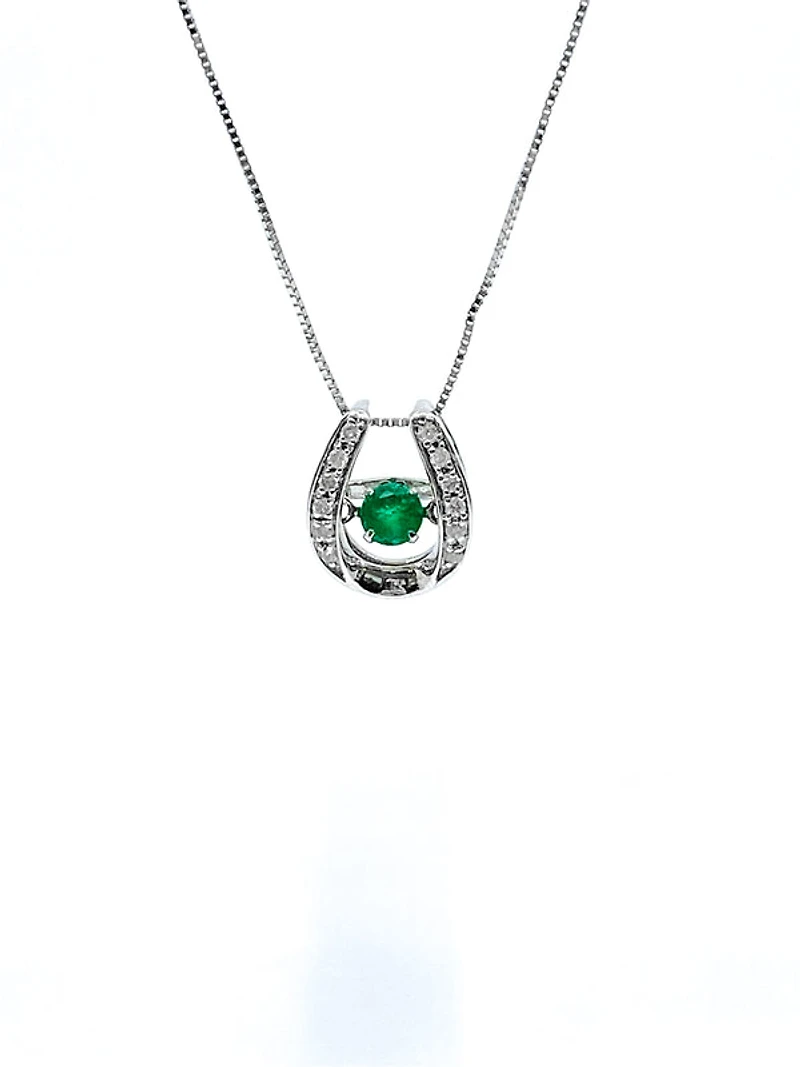 10K White Gold 0.15cttw Round Cut Genuine Emerald and0.07cttw Round Cut Diamonds Necklace, 18”