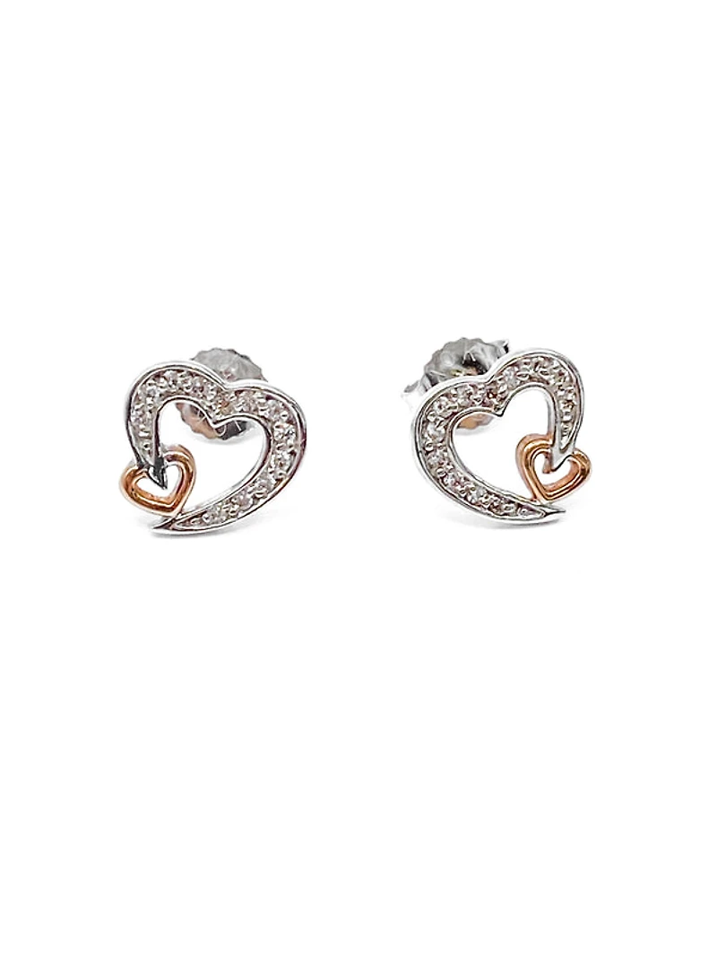 10K White & Rose Gold 0.12cttw Diamond Heart Stud Earrings