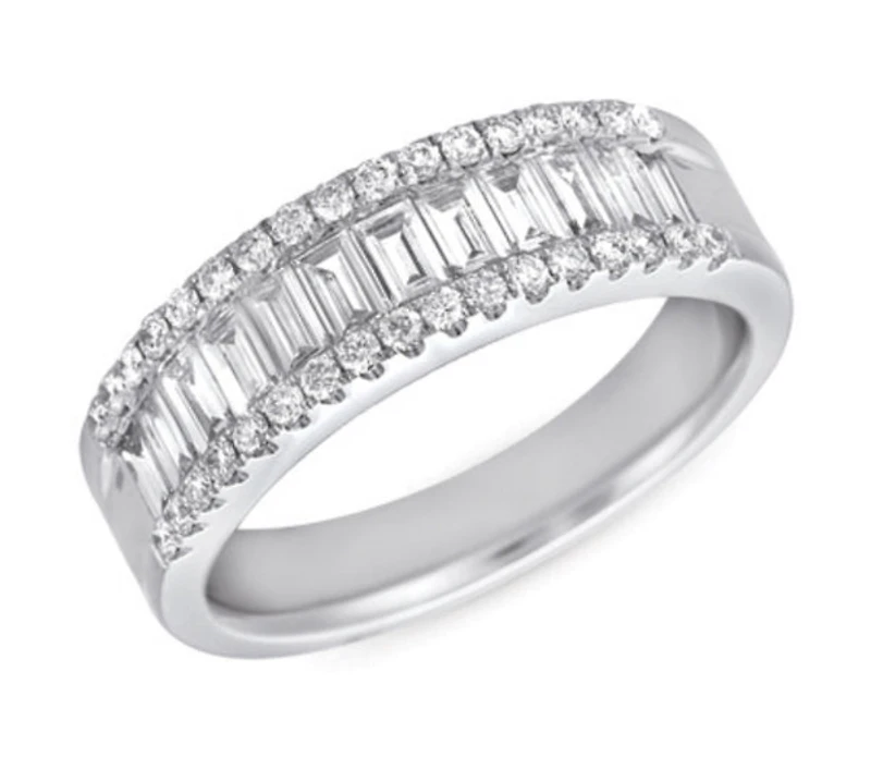 14K White Gold 0.97cttw Baguette Cut & Round Brilliant Cut Diamond Ring, size 6