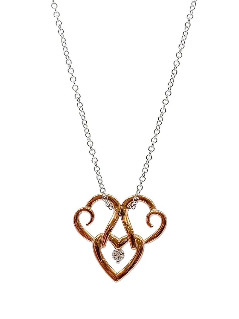 10K Rose & White 0.043cttw Canadian Diamond Triple Heart Pendant, 18"