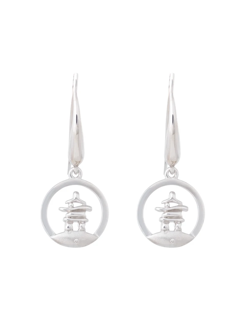925 Sterling Silver 0.01cttw Canadian Diamond Inukshuk Dangle Earrings