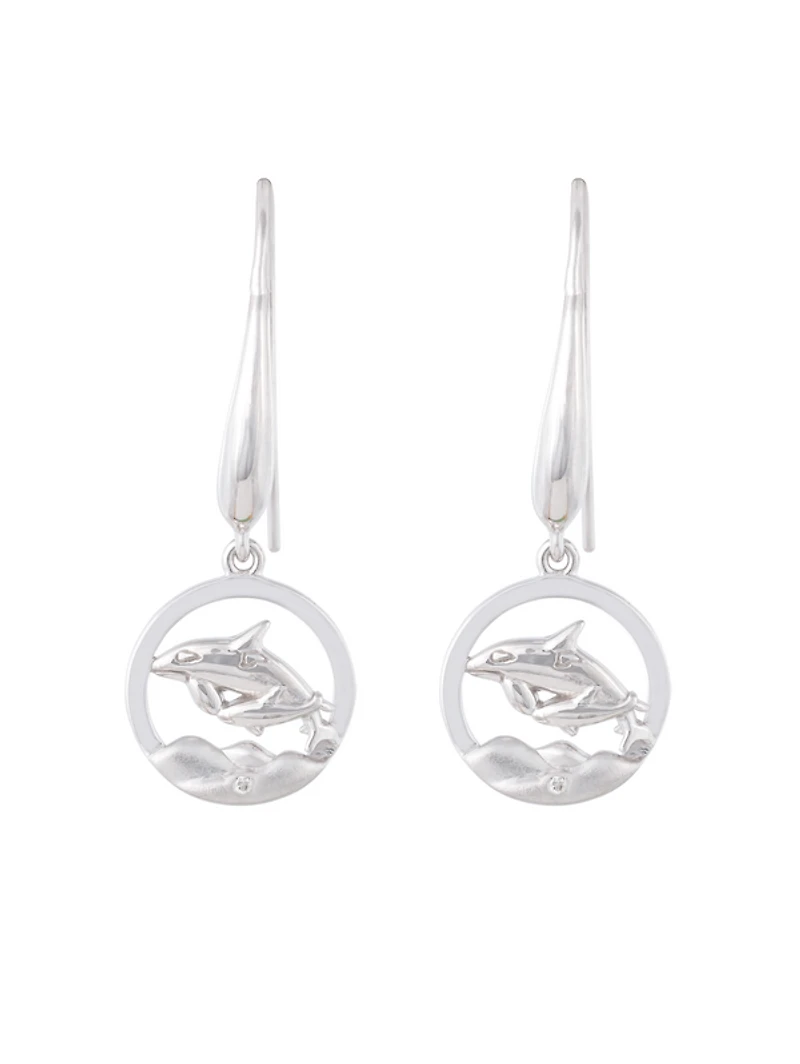 925 Sterling Silver 0.01cttw Canadian Diamond Mother Orca and Calf Dangle Earrings