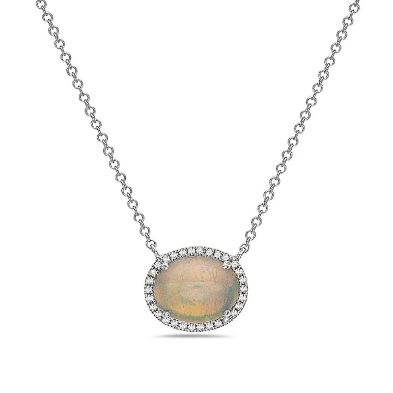 14K White Gold 1.02cttw Opal and 0.07cttw Diamond Halo Necklace, 18 Inches