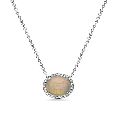 14K White Gold 1.02cttw Opal and 0.07cttw Diamond Halo Necklace, 18 Inches