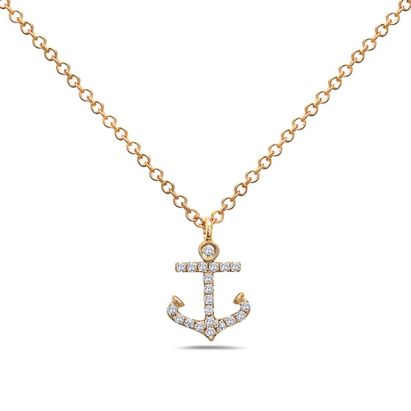 14K Yellow Gold 0.07cttw Diamond Anchor Pendant, 18"