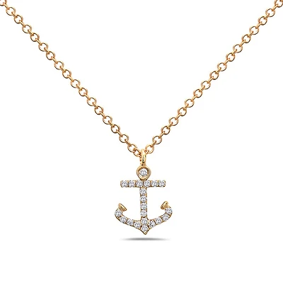 14K Yellow Gold 0.07cttw Diamond Anchor Pendant, 18"