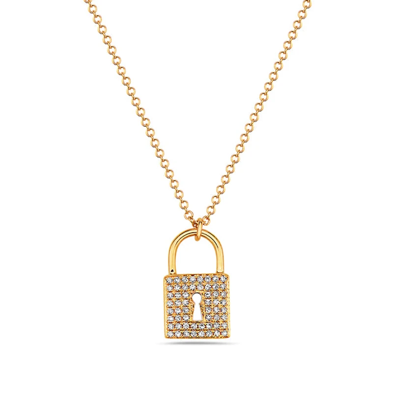 14K Yellow Gold 0.12cttw Diamond Lock Pendant, 18"