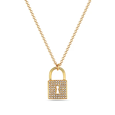 14K Yellow Gold 0.12cttw Diamond Lock Pendant, 18"
