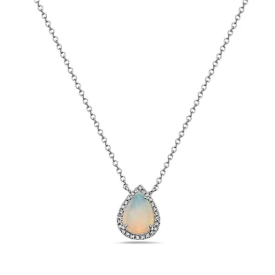 14K White Gold 0.76cttw Opal and 0.06cttw Diamond Halo Necklace, 18 Inches