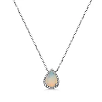 14K White Gold 0.76cttw Opal and 0.06cttw Diamond Halo Necklace, 18 Inches