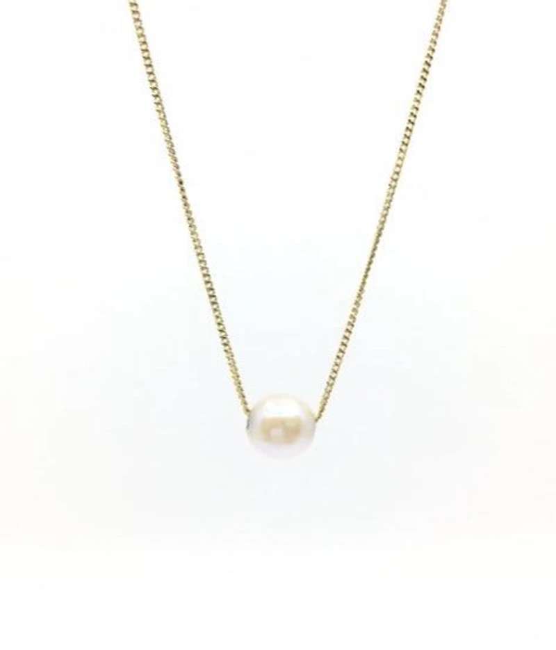 10K Yellow Gold Fine Curb Chain with 5.6mm Cultured Pearl - 18 Inches