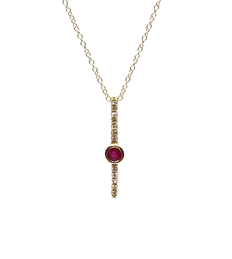 10K Yellow Gold 0.08cttw (2.5mm) Ruby and 0.05cttw Diamond Necklace with Cable Chain (Spring Clasp) - Adjustable 17 - 18 Inches