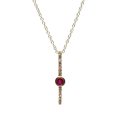 10K Yellow Gold 0.08cttw (2.5mm) Ruby and 0.05cttw Diamond Necklace with Cable Chain (Spring Clasp) - Adjustable 17 - 18 Inches
