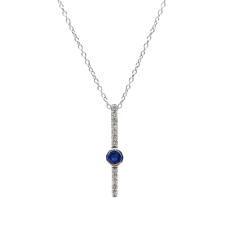 10K White Gold 0.08cttw (2.50mm) Sapphire and 0.05cttw Diamond Necklace with Cable Chain (Spring Clasp) - Adjustable 17 - 18 Inches