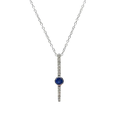 10K White Gold 0.08cttw (2.50mm) Sapphire and 0.05cttw Diamond Necklace with Cable Chain (Spring Clasp) - Adjustable 17 - 18 Inches