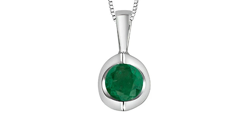 10K White Gold Emerald Pendant, 18"