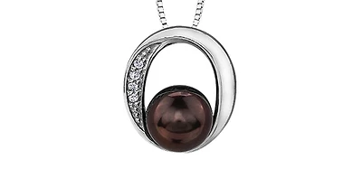 10K White Gold Cultured Color Enhanced Black Pearl and 0.01cttw Diamond Pendant, 18"