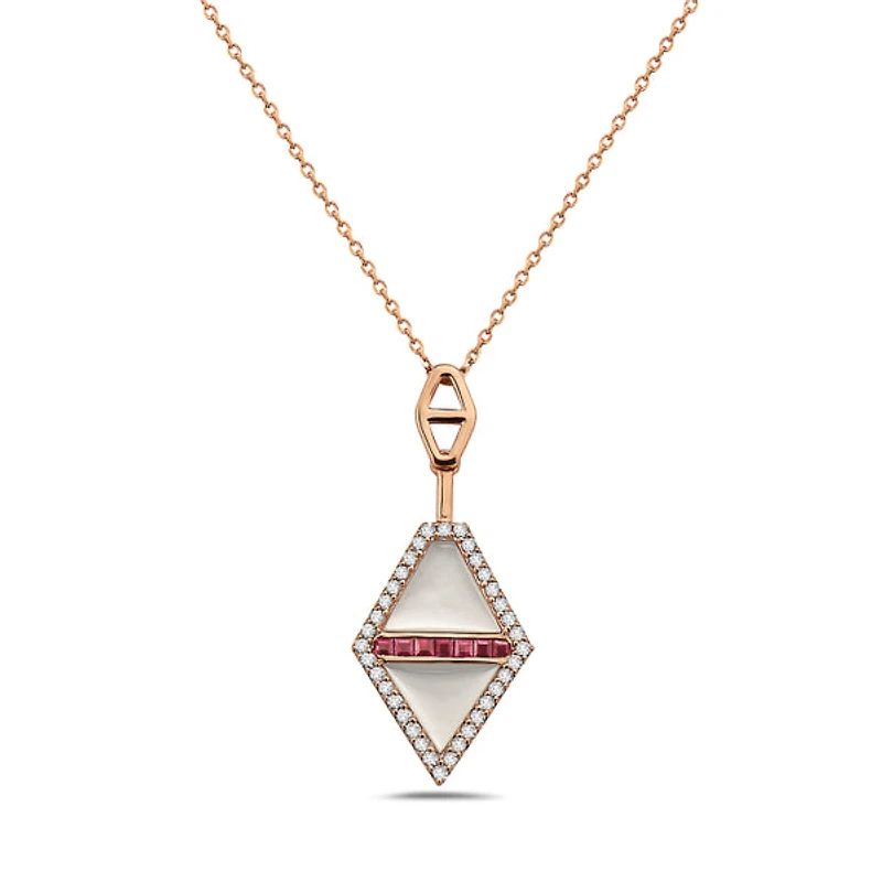 14K Rose Gold Ruby, Mother of Pearl and Diamond Necklace, 18"
