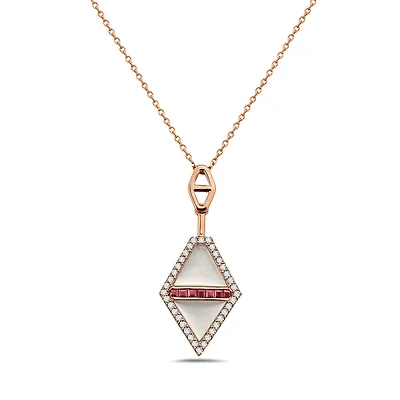 14K Rose Gold Ruby, Mother of Pearl and Diamond Necklace, 18"