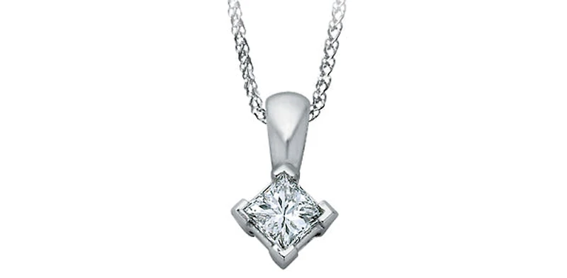14K White Gold 0.13cttw Princess Cut Canadian Diamond Solitaire Pendant, 18"