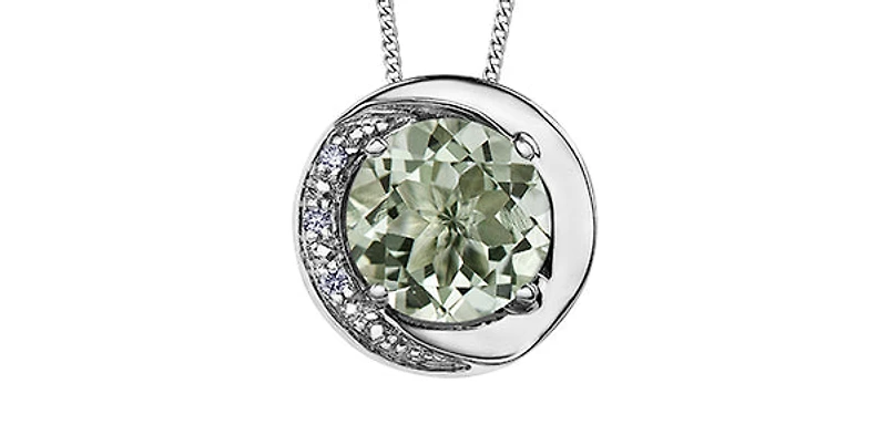 10K White Gold Green Amethyst (Prasiolite) and Diamond Pendant, 18"