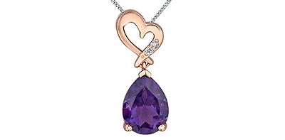 10K Rose and White Gold Amethyst and Diamond Heart Pendant - 18"