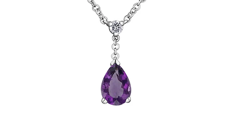 10K White Gold Amethyst and Canadian Diamond Pendant - 18"