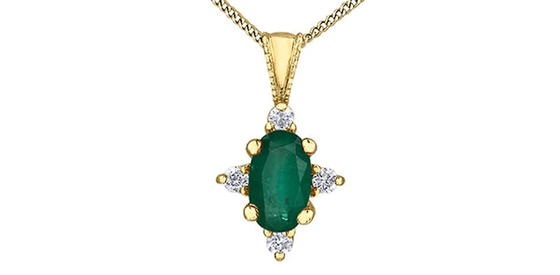 10K Yellow Gold 5x3mm Emerald and 0.03cttw Diamond Pendant