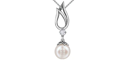 10K White Gold 7mm Cultured Pearl and 0.085cttw Canadian Diamond Dangle Pendant