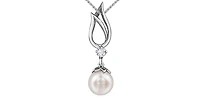 10K White Gold 7mm Cultured Pearl and 0.085cttw Canadian Diamond Dangle Pendant