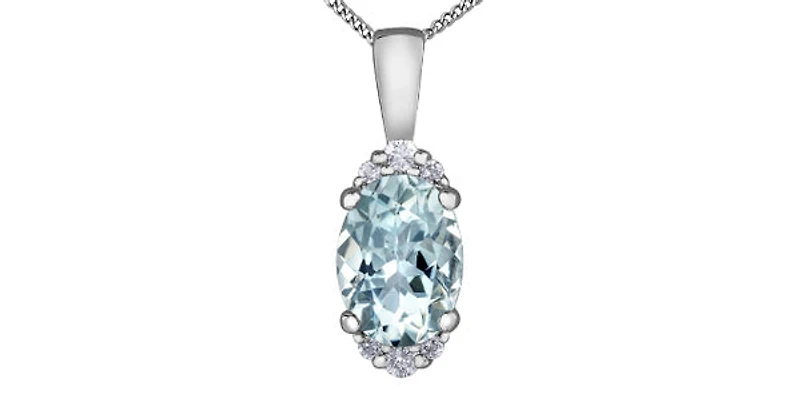 10K White Gold Oval Shape Aquamarine & 0.05cttw Diamond Pendant - 18"