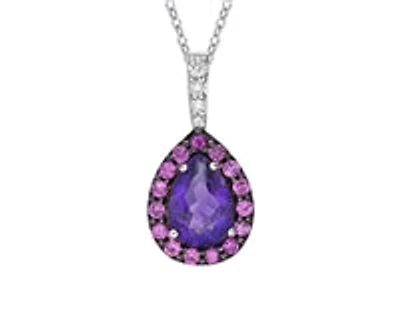 10K White Gold Amethyst, Pink Sapphire & Diamond Pendant, 18"