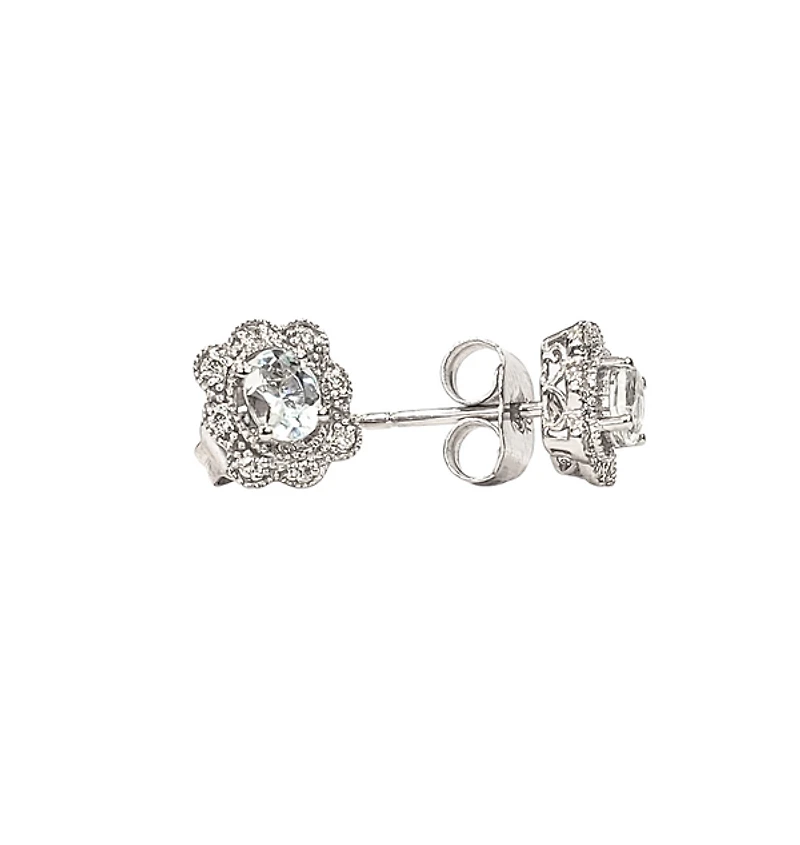 10K White Gold 0.30cttw Aquamarine and 0.053cttw Diamond Halo Earrings